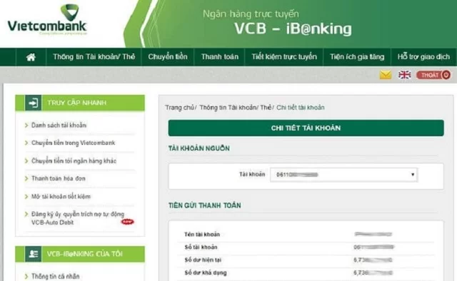 Xem số tài khoản Vietcombank bao nhiêu số qua internet banking