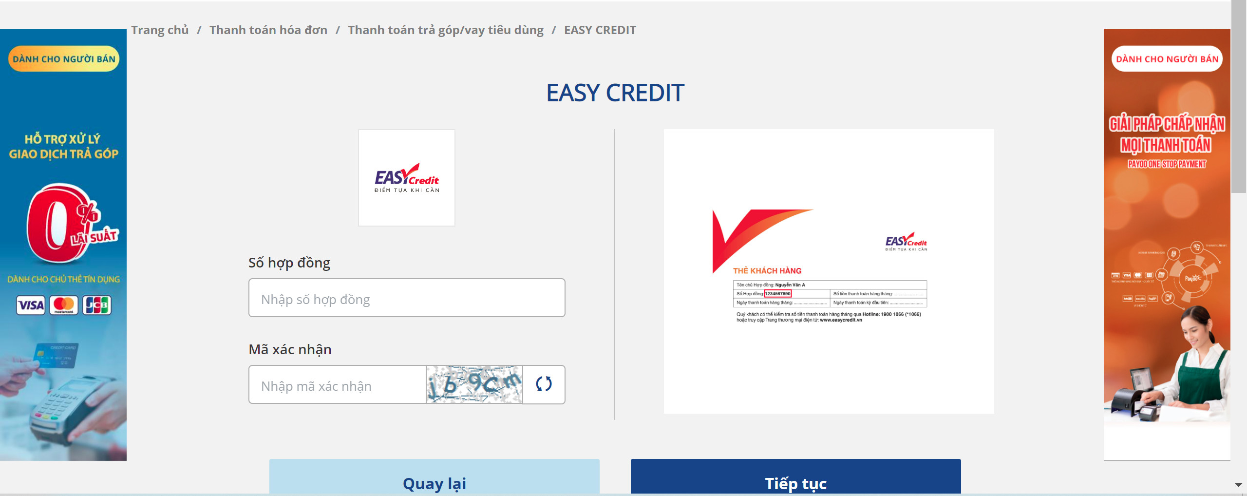 Tra cứu hợp đồng Easy Credit online qua Payoo