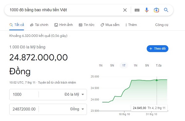 1000 đô bằng bao nhiêu tiền Việt