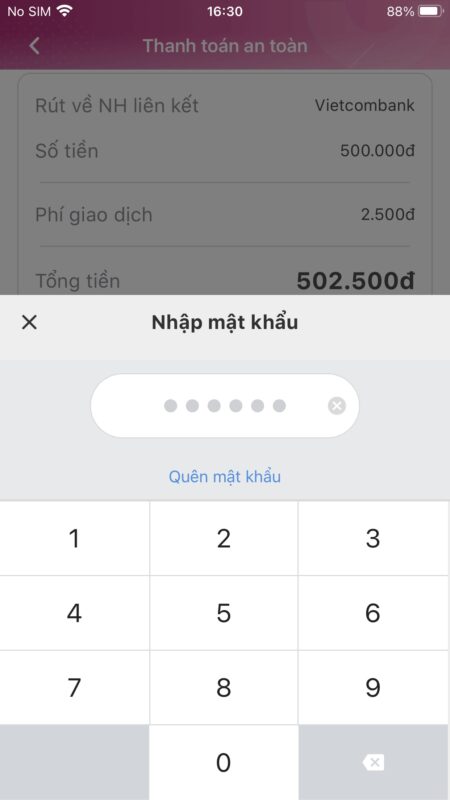 Nhập mật khẩu để hoàn tất chuyển tiền từ MoMo sang Vietcombank.